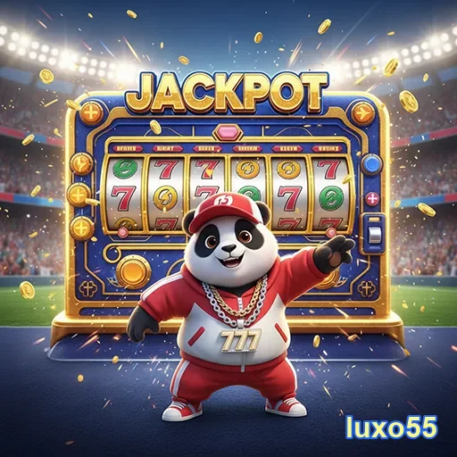 Panda feliz comemorando jackpot no cassino Luxo55.